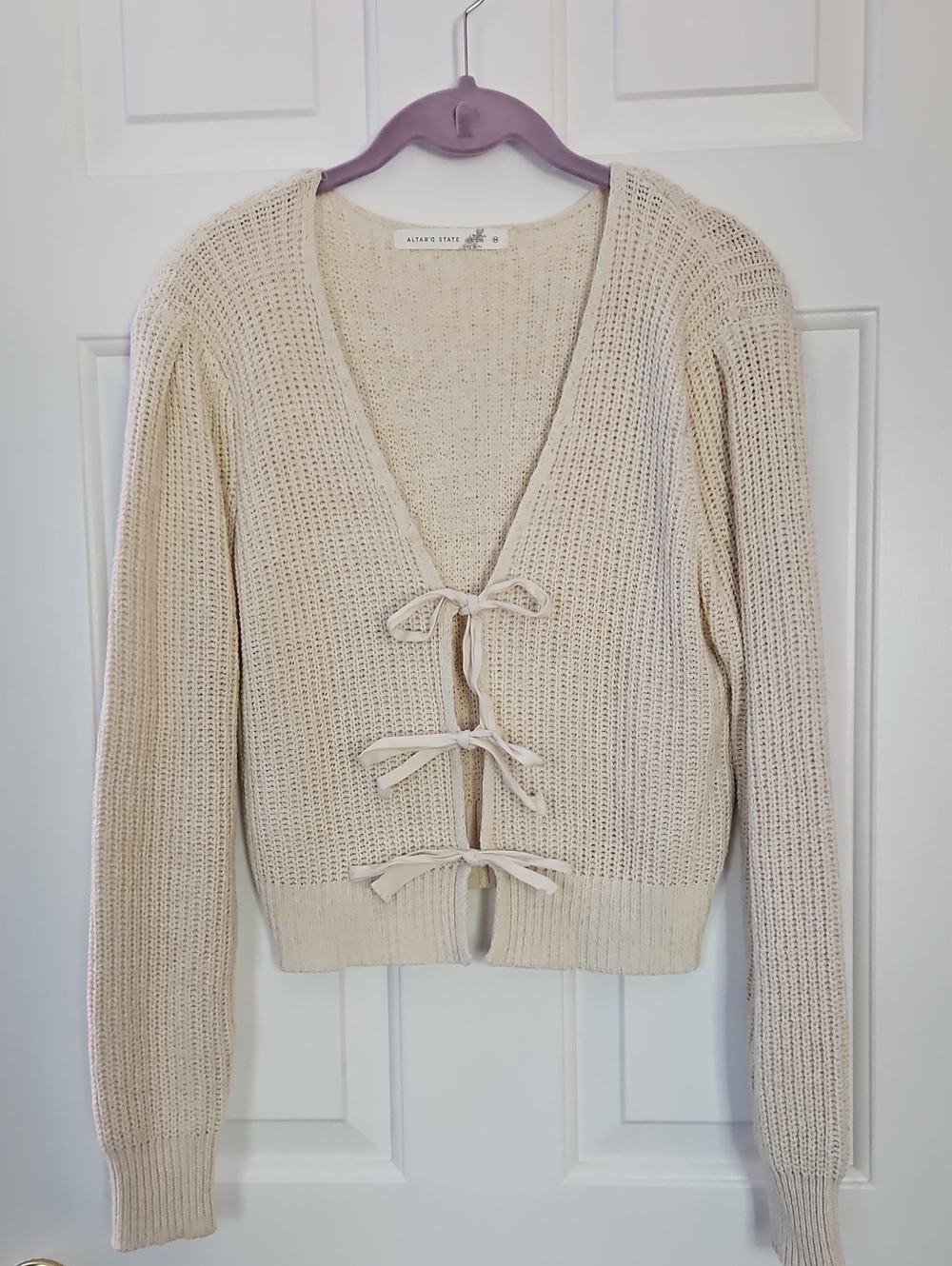 Altar'd State Cream Open-Knit Tie-Front Cardigan